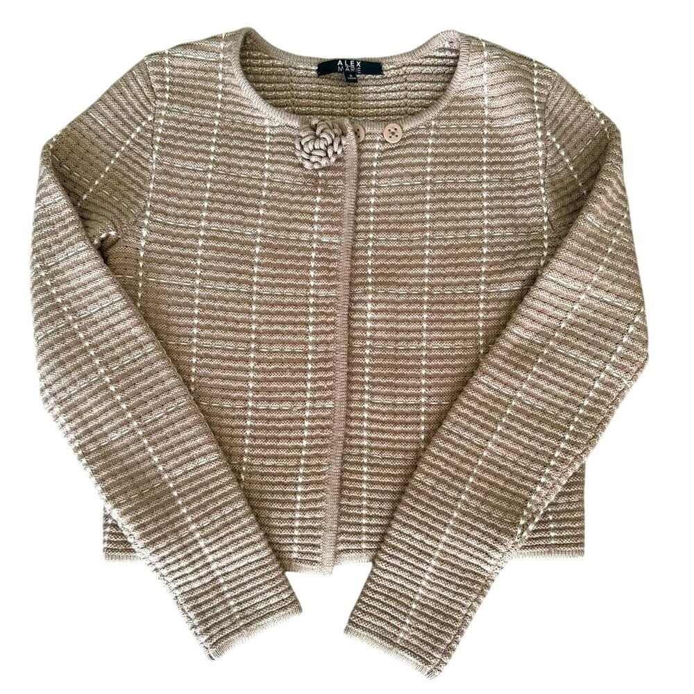 Alex Marie Cardigan Sweater Womens Small Tan Wool Blend Grid Cropped Rosette